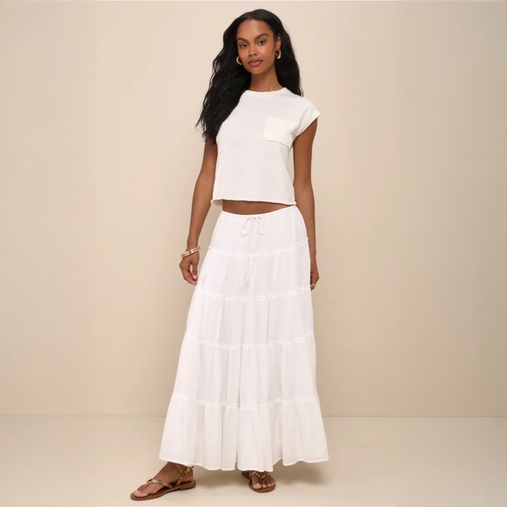 Lulus Relaxed Charm White Gauzy Tiered Drawstring Maxi Skirt